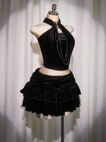 SHEIN ICON Áo hai dây cổ yếm nhung hở lưng cỡ lớn Y2k mùa xuân thu đi chơi Cottagecore thời trang Bohemian ngày lễ gợi cảm, thời trang đơn giản cho nữ, áo hai dây cổ yếm nhung hở lưng kiểu phương Tây cho nữ, áo rave, áo hai dây cổ yếm nhung dự tiệc - màu đen - Xem 8