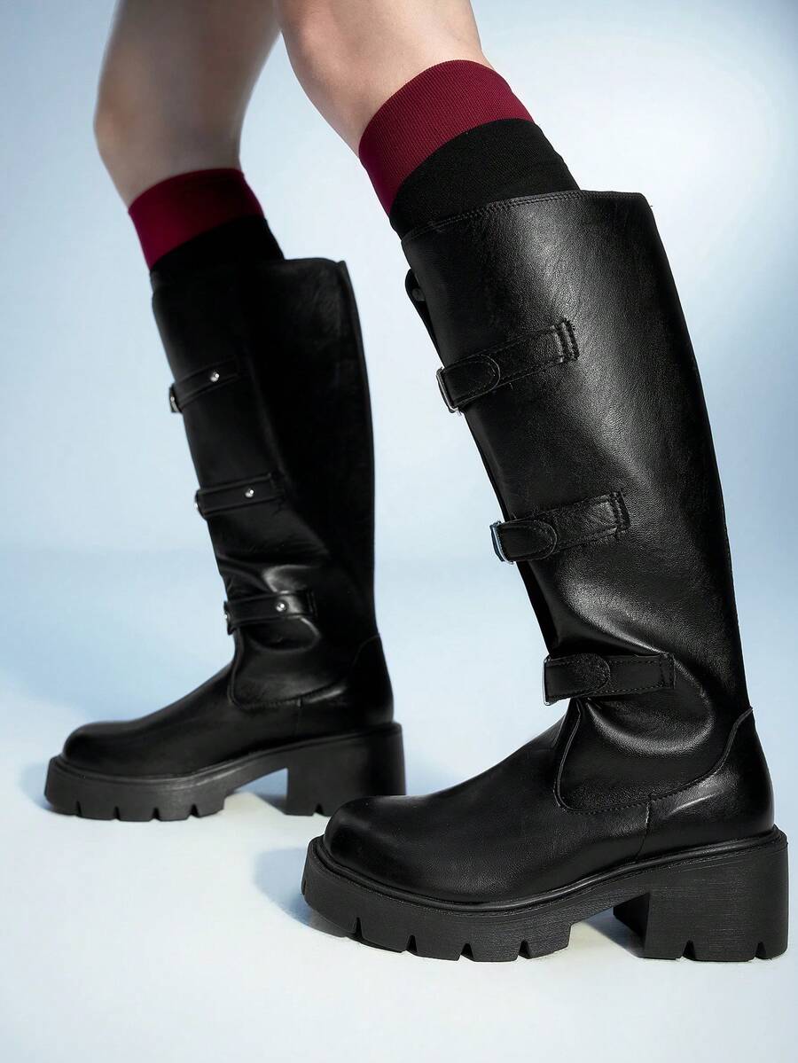 Sugerpunk 女士休闲厚底粗跟中筒靴，百搭 - 黑色 - 查看 1