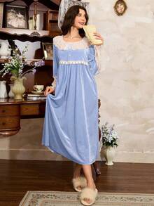 Côtesoire 女士优雅法式撞色蕾丝荷叶边睡裙家居服，冬季 - 藍色 - 查看 5