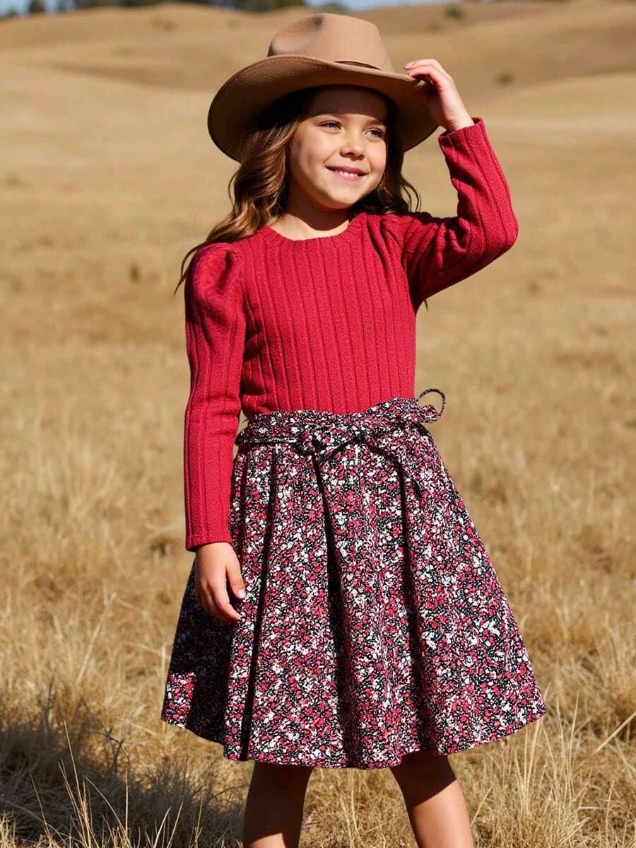 SHEIN 1 chiếc váy dài tay cổ tròn họa tiết hoa chắp vá chải kỹ cho bé gái, ngọt ngào và nữ tính, mùa thu - Đỏ - Xem 1