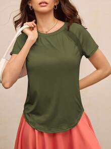 Activina 女式简约圆领插肩袖运动T恤，夏季健身衫