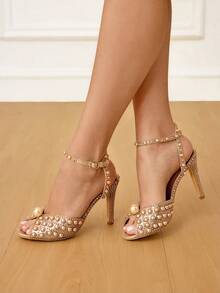 CUCCOO HITCHD 女士露趾珍珠装饰细高跟婚礼派对凉鞋 - 香檳色 - 查看 6