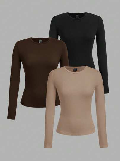 SHEIN EZwear 3pcs Women Casual Tight Fit Crew Neck Long Sleeve T-Shirt Set, Spring/Autumn,Fall,Fall Clothes For Women