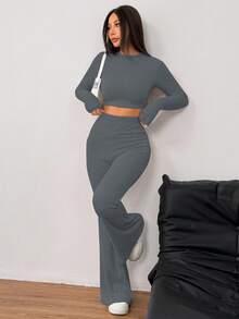 SHEIN EZwear 2 件套女式休闲纯色针织圆领长袖短款修身 T 恤和高腰喇叭裤 - 灰色 - 查看 3