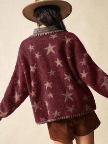 Bohemela Áo khoác ngoài phong cách Boho Xuân/Hè, Áo cardigan nữ dáng dài tay, họa tiết ngôi sao jacquard, hai túi, chất liệu lông mềm mại, dáng rộng, thích hợp cho kỳ nghỉ hè, đi biển, mặc hàng ngày, đi học, đi chơi, dự tiệc, đón năm mới, lễ tình nhân, phong cách vintage những năm 2000, kỳ nghỉ hè Y2K, đi biển. - Màu Đỏ Sâu - Xem 8