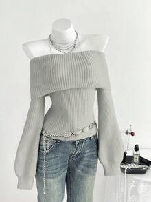 Elamini 休闲百搭纯色露肩灯笼袖毛衣 - 灰色 - 查看 4