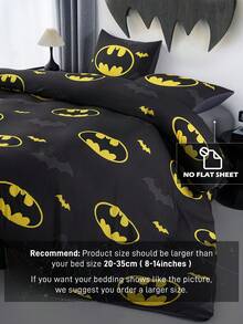 BATMAN X SHEIN 3pcs Black All-Over Bat Print Duvet Cover Set, Brushed Material, Soft And Warm, Multiple Sizes, Suitable For Single/Double/Queen/King Size Beds