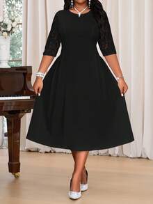 Fleurora 大码纯色圆领优雅派对连衣裙 - 黑色 - 查看 4