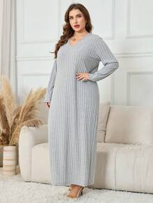 Lacomfia Vestido casual de mujer de talla grande con parches de encaje y costillas cepilladas - Gris - Ver 6