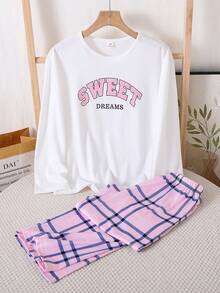 SHEIN 4 件套女童字母印花长袖上衣 + 格子裤休闲家居服套装 - 彩色 - 查看 6