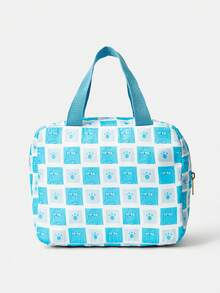 We Bare Bears X SHEIN 1pc Blue Plaid Print Fashionable Large Capacity Lunch Box Bag, Portable & Spacious - Blue - View 2