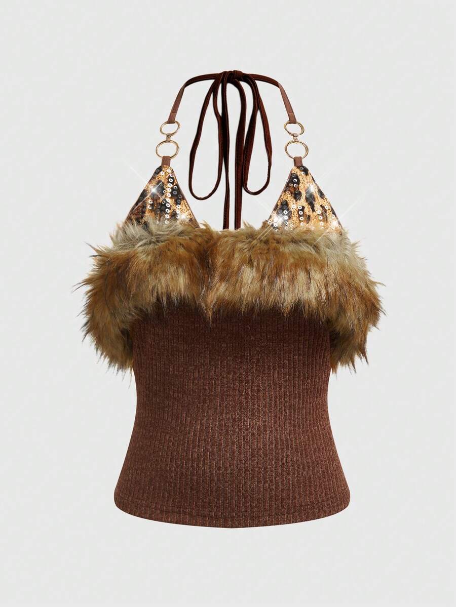 SHEIN ICON Y2K 冬季女款 Y2K 棕色蓬松假日派对闪亮哥特豹纹亮片毛绒吊带背心 - 棕色 - 查看 1