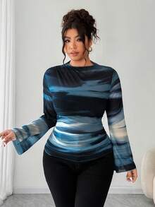 Elenzga 大码女式复古优雅修身褶皱渐变印花网眼弹力长袖打底 T 恤衬衫上衣，女士春秋服装 - 彩色 - 查看 7