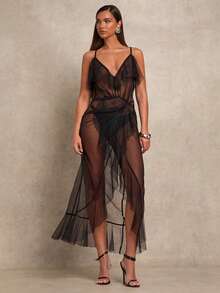 Glamine Women's Elegant Sexy Mesh Polka Dot Spaghetti Strap Ruffle Hem Sheer Dress Sheer Dress Women Black Sheer Dress Black Beach Cover Up Black Swimsuit Cover Up Mesh Maxi Dress - Black - View 5