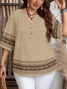 Mellowie Plus Size Women Casual Geometric Print 3/4 Sleeve Loose Blouse, Suitable For Summer Earthy Clothes Women Brown Blouses For Women Tunic Tops For Women Earthy Tops Boho Tops For Women