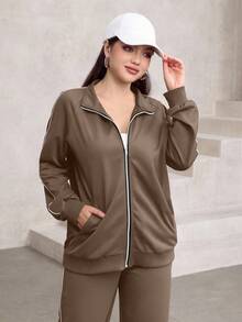 Mulvari 2pcs Set Women Raglan Sleeve Zip-Up Colorblock Elegant Cardigan And Pants - Khaki - View 5