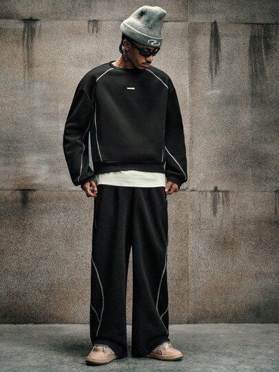 AXEPEAK Conjunto de sudadera casual para hombre con costuras de contraste en negro