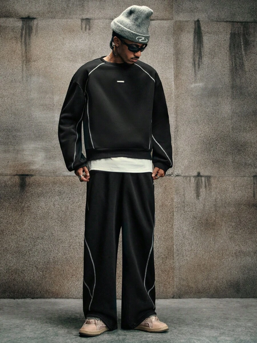 AXEPEAK Men's Casual Contrast Stitching Black Sweatshirt & Pants Set, For Winter - Black - View 1
