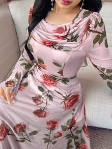 Modelyn 女式优雅花卉印花喇叭袖连衣裙 - 粉色 - 查看 3