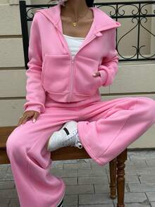 SHEIN Explorewe Streecool Kids/Teen Girls Hooded Cardigan Ribbed Knit Long Sleeve Top And Wide Leg Tree Print Elastic Waist Pants 2 Pieces Set - Pink - View 6