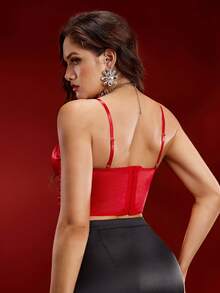 EmpressEnvy Sujetador corto ajustado de mujer con tirantes finos, parches de encaje y unicolor, para Navidad - Rojo - Ver 3