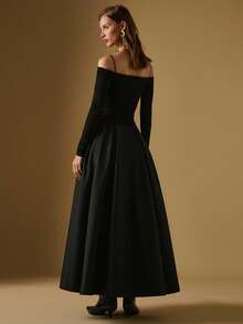 Briarwyn Women's Off Shoulder Long Sleeve Metal Decor Flared Dress,Black N Gold,Autumn,Elegant,Dining,Luxurious Old Money Style Halloween Christmas Costume - Black - View 3