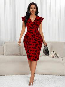 SHEIN Lady Váy dài vừa phải họa tiết hoa cổ chữ V xếp nếp thanh lịch cho nữ Váy nữ Váy midi Quần áo nữ Váy - Đỏ - Xem 4