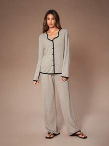 Lazeform 女士休闲纽扣上衣和直筒裤睡衣套装，简约设计女士家居针织睡衣套装两件套睡衣套装女士睡衣套装女士睡衣套装，冬季服装 - 卡其色 - 查看 1