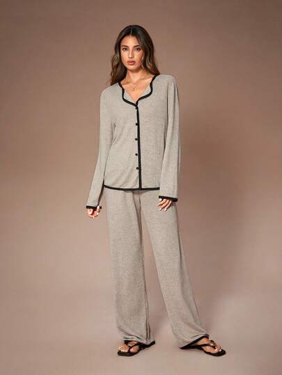 Lazeform Conjunto de pijama de cardigan con botones y pantalones rectos de diseño minimalista para mujer