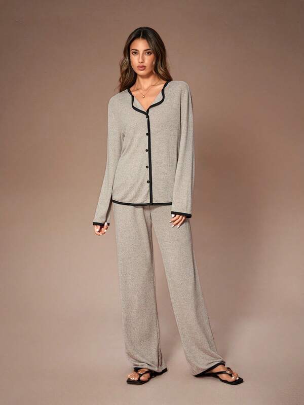 Lazeform Conjunto de pijama de top con botones y pantalones rectos para mujer, diseño minimalista, conjunto de pijama de punto de dos piezas, ropa de dormir para mujer, ropa de invierno