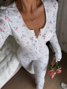 CottageSlumber 浪漫碎花半拉链纽扣长袖女士睡衣连体裤，冬季 - 白色 - 查看 6