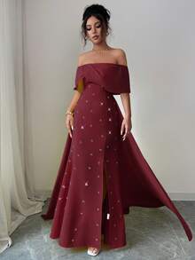 Elenzga 女士优雅奢华亮片缀饰露肩高开衩连衣裙，万圣节、圣诞节、沙特国庆节、新年派对、毕业典礼、婚礼、角色扮演的正式礼服，黄色拉链 - 酒紅色 - 查看 6