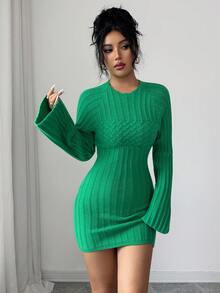 SHEIN Elenzya Vestido de punto ajustado con mangas trompeta de estilo vintage de Estocolmo para mujer, atuendo elegante y versátil para uso casual, trabajo, citas, estudiantes, maestros, oficina, negocios - Verde Oscuro - Ver 3