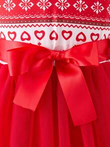 Glamorique Kids Young Girl's Christmas Heart & Snowflake Print Contrast Mesh Hem Cute Long Sleeve Dress - Red - View 4