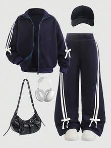 SHEIN 2pcs Young Girl Knitted Solid Color Casual Jacket And Long Pants Set - Royal Blue - View 10