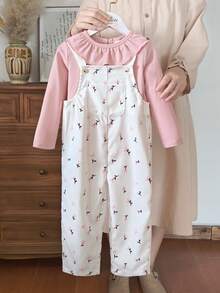 Vintaside Kids Young Girl Casual Solid Color Ruffle Trim Long Sleeve Top And Ditsy Floral Suspender Pants Set, Autumn - Pink - View 7