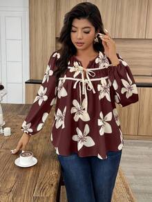 Weeklong Plus Size Women Floral Print Ruched Front Tie Lantern Sleeve Blouse - Multicolor - View 3