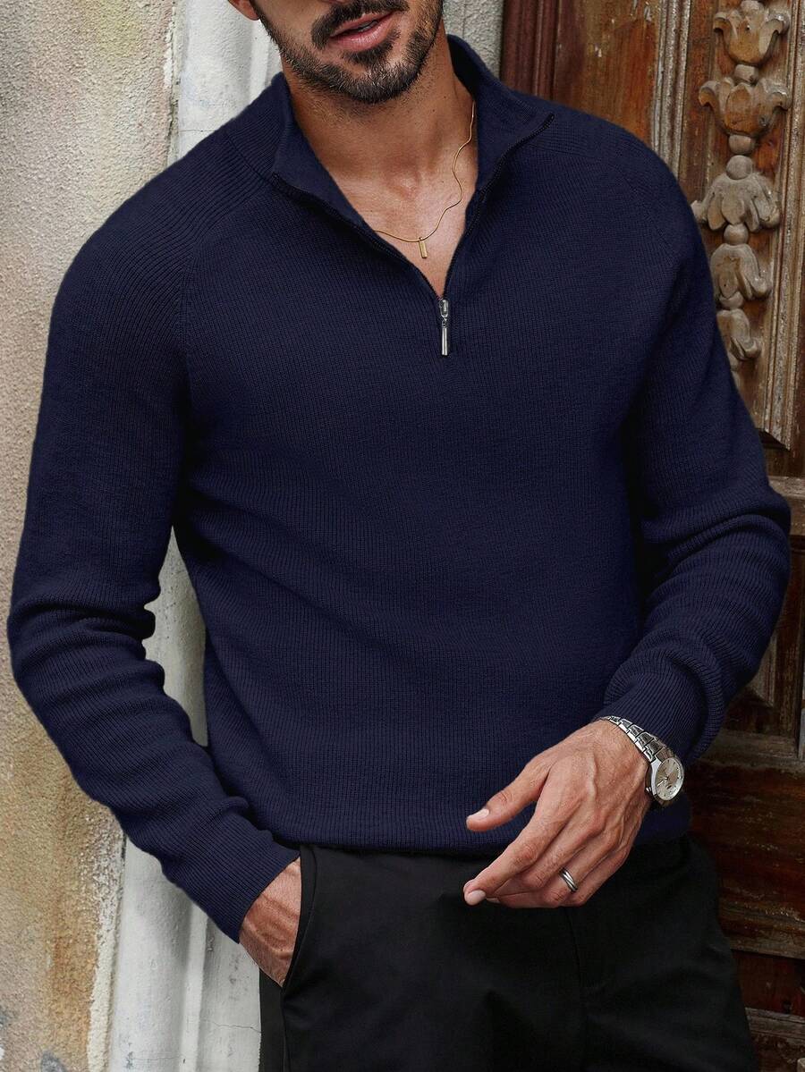 Manfinity Bizformal Men's Solid Color Half-Zip Long Sleeve Casual Knit Pullover Sweater - Navy Blue - View 1