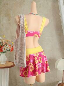 SHEIN Swim Bộ đồ bơi 3 món cho nữ, áo dây dày in họa tiết hoa Bellisia dệt kim, quần cạp cao in họa tiết ngẫu nhiên và chân váy in họa tiết ngẫu nhiên, mùa xuân/hè - Nhiều màu - Xem 2