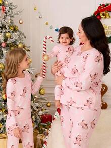 SHEIN Tween Girls Casual Homewear Crew Neck Long Sleeve Pajama Set - Pink - View 9