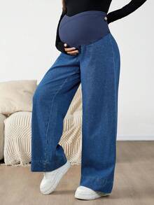 SHEIN 孕妇撞色拼接前交叉高腰直筒牛仔裤，适合秋季、冬季、万圣节、圣诞节、新年、感恩节、通勤、度假、Y2K风格、可爱街头风、生日、机场、商务休闲等场合穿着。这款舒适孕妇阔腿牛仔裤采用柔软亲肤的棉质牛仔面料，并带有弹力腹部支撑。 - 藍色 - 查看 5