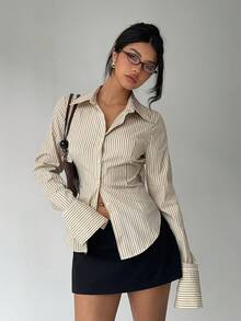 Aloruh Women's Casual Commuter Striped Cinched Waist Shirt - Yellow - View 2