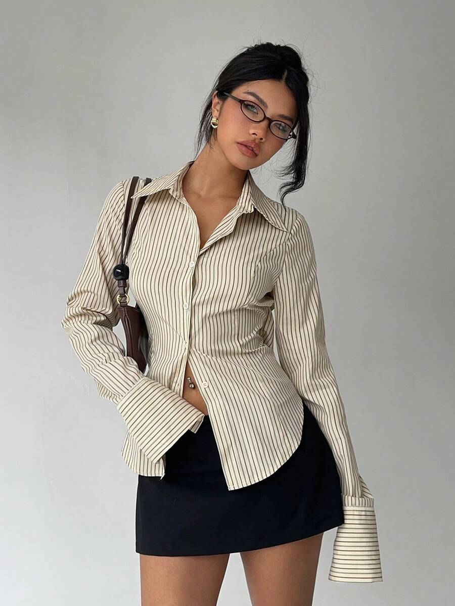 Aloruh Women's Casual Commuter Striped Cinched Waist Shirt