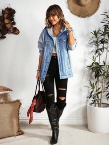 EMERY ROSE Women's Casual Button-Up Denim Hooded Jacket, For Daily Wear - Blue - View 7