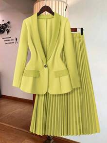 DreamSkyne Plus Size Women Solid Color Long Sleeve Blazer & Pleated Midi Skirt Set - Mustard Yellow - View 1