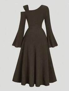 SHEIN Elenzya Plus Size Women Solid Color Knitted Ribbed Asymmetric Shoulder Flare Sleeve Ruffle Trim Bodycon Maxi Elegant Party Dress - Dark Grey - View 2