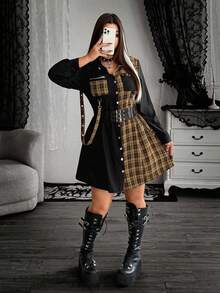 Whyspr Váy sơ mi phong cách Punk cỡ lớn dành cho nữ, họa tiết kẻ caro đỏ đen tương phản, thắt eo, tay dài, dáng ngắn - Nhiều màu - Xem 8