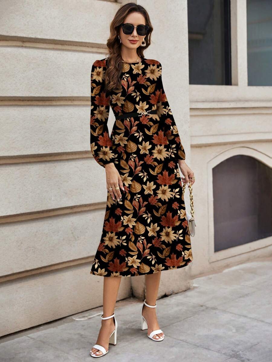 SHEIN Clasi Casual Minimalist Autumn Leaf Print Dress, Brown, Suitable For Autumn/Winter - Multicolor - View 1