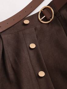 Sweetra Women's Coffee Brown Suede Faux Skirt With Single-Breasted Design, Autumn/Winter - Coffee Brown - View 5