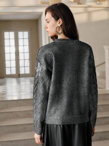 Anewsta Savoree Élégant pull tricoté à col rond orné de strass pour femmes, convient pour l'automne, l'hiver, le printemps, le Nouvel An, les fêtes, les mariages - Noir - Voir 2